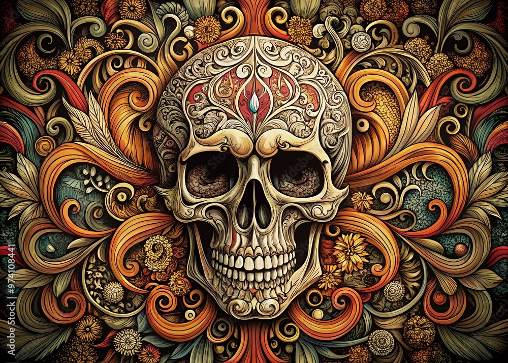 Whimsical, intricate hand-drawn skull illustration features ornate details, swirling patterns, and a touch of macabre Whimsical, intricate hand-drawn skull illustration features ornate details, swirling patterns, and a touch of macabre
