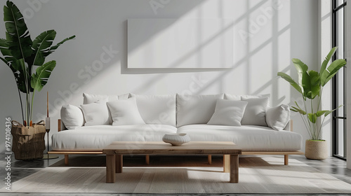 Modern living room mockup, clean minimalist design. Potted plants, white walls.