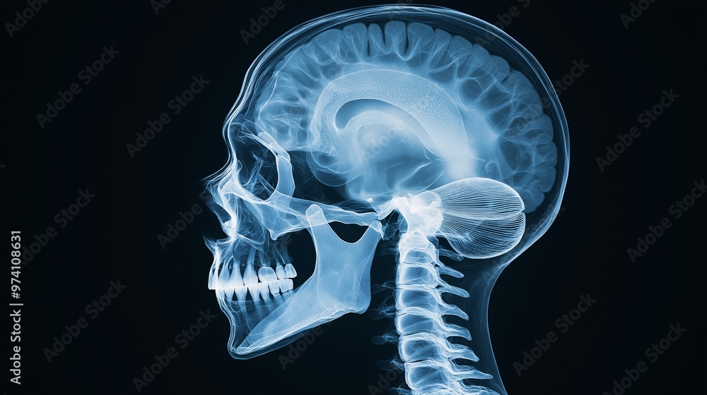 A detailed X-ray of the human skull, highlighting the bones and cavities, on a dark background A detailed X-ray of the human skull, highlighting the bones and cavities, on a dark background