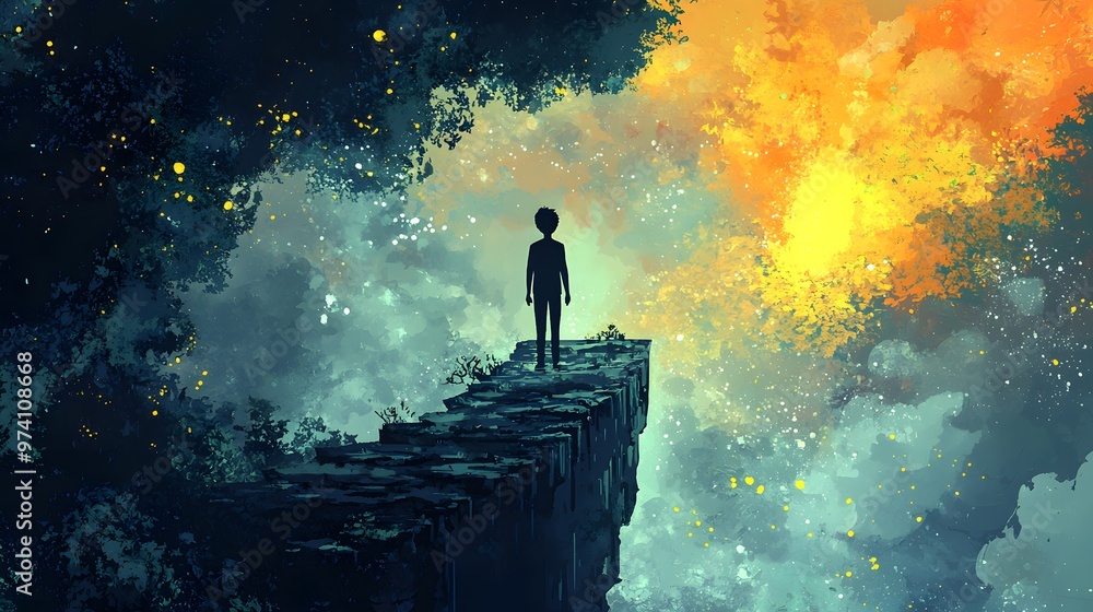 A lone figure stands on the edge of a mystical pathway, gazing at a vibrant cosmic landscape ahead. 2D Cartoon Concept A lone figure stands on the edge of a mystical pathway, gazing at a vibrant cosmic landscape ahead. 2D Cartoon Concept