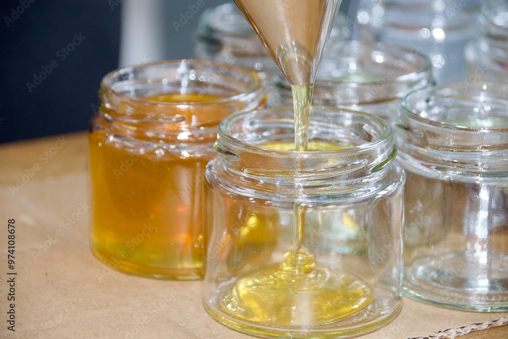 A detailed shot of honey being filled into a glass jar using a stainless steel funnel, showing the honey’s golden hue and the bottling process. A detailed shot of honey being filled into a glass jar using a stainless steel funnel, showing the honey’s golden hue and the bottling process.