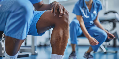 Close up of a professional physical therapist assisting a patient with knee treatment in a rehabilitation clinic setting