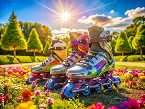 Colorful, shiny inline skates with knee and elbow pads scattered around a sunny outdoor skate park, surrounded by photo