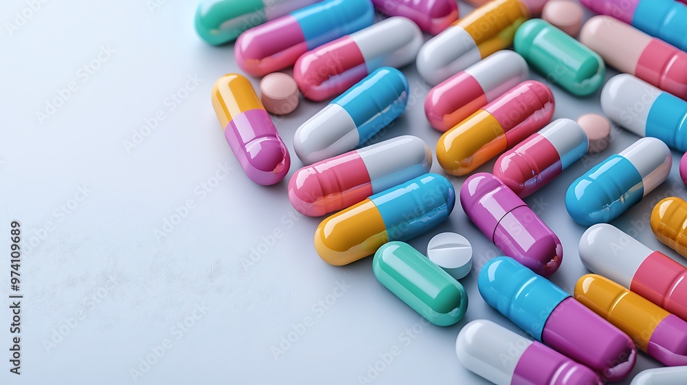 Colorful capsules and tablets spread across a white background, representing the world of medicine and supplements. Colorful capsules and tablets spread across a white background, representing the world of medicine and supplements.