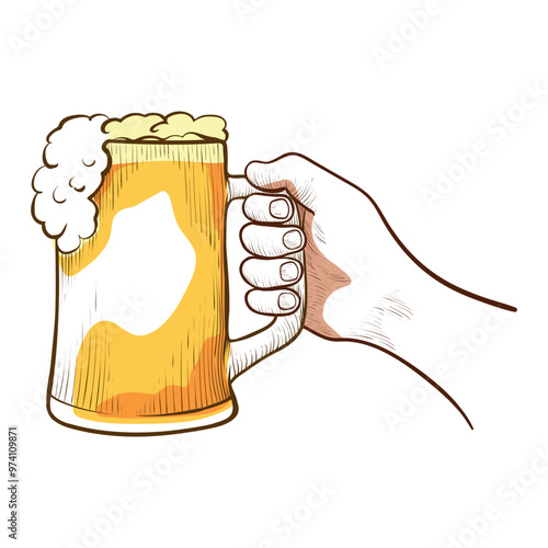 A man s hand holding a beer glass filled with golden liquid and topped with a thick layer of foam, perfect for toasting happy occasions.