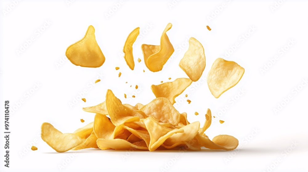 Potato Chip Explosion: A captivating image of potato chips exploding into the air, showcasing their crispy texture and irresistible appeal. Perfect for food photography, snack advertising Potato Chip Explosion: A captivating image of potato chips exploding into the air, showcasing their crispy texture and irresistible appeal. Perfect for food photography, snack advertising