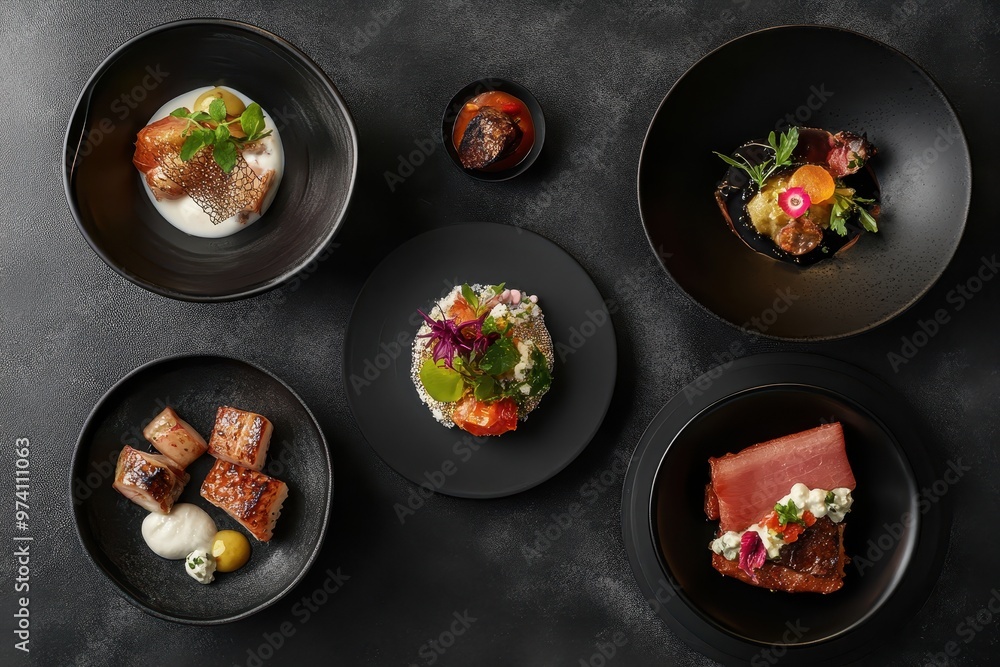 A beautifully arranged gourmet meal featuring various dishes in elegant bowls. A beautifully arranged gourmet meal featuring various dishes in elegant bowls.