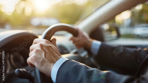 Unrecognizable man in a suit driving a car during the day. The mans hands are gripping the steering wheel. The image captures a close - up view of the drivers hands and torso