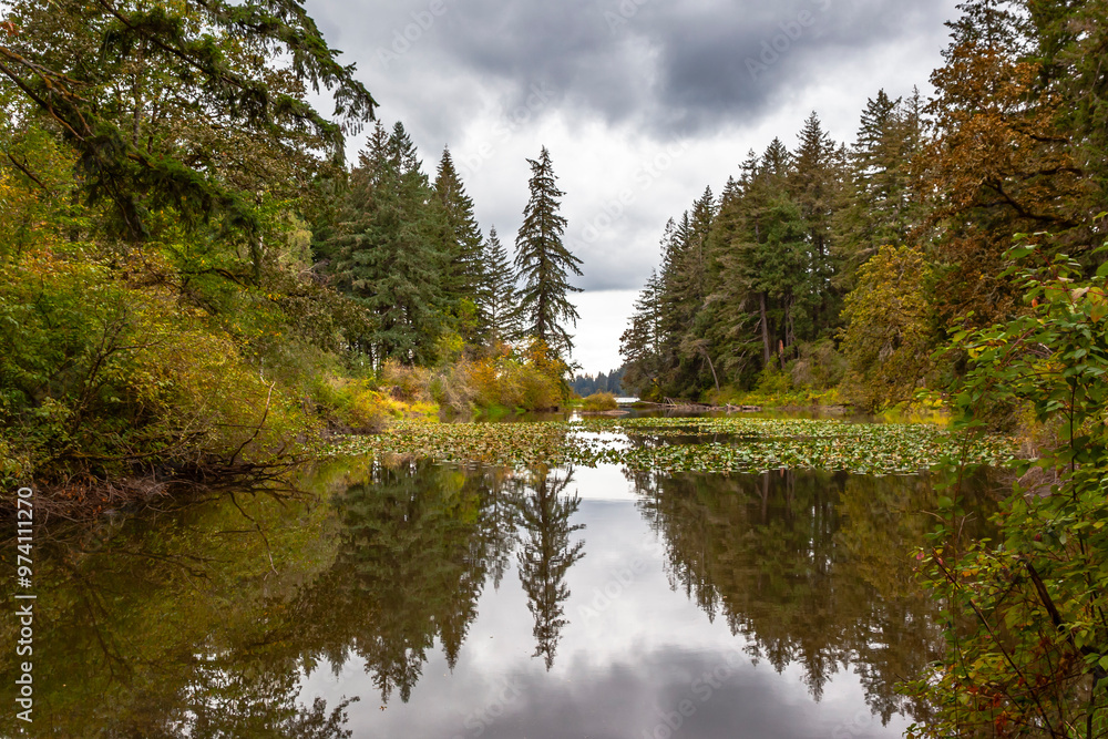 Beautiful view of the Lacamas Lake in Washington in early autumn season Beautiful view of the Lacamas Lake in Washington in early autumn season