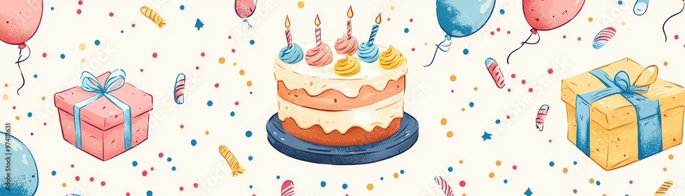 Playful hand-drawn seamless pattern featuring cakes, gift boxes, balloons, and festive decorations, perfect for birthday parties and celebration-themed textiles in a vibrant vector design Playful hand-drawn seamless pattern featuring cakes, gift boxes, balloons, and festive decorations, perfect for birthday parties and celebration-themed textiles in a vibrant vector design