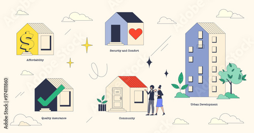 Affordable housing for all community households tiny neubrutalism collection. Labeled elements with affordability, property quality assurance, urban development and security vector illustration.