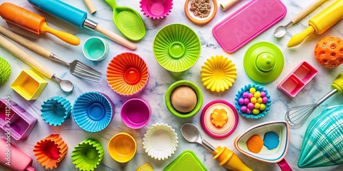 Colorful, vibrant assortment of whimsical baking utensils and gadgets laid out on a white marble countertop, evoking a photo