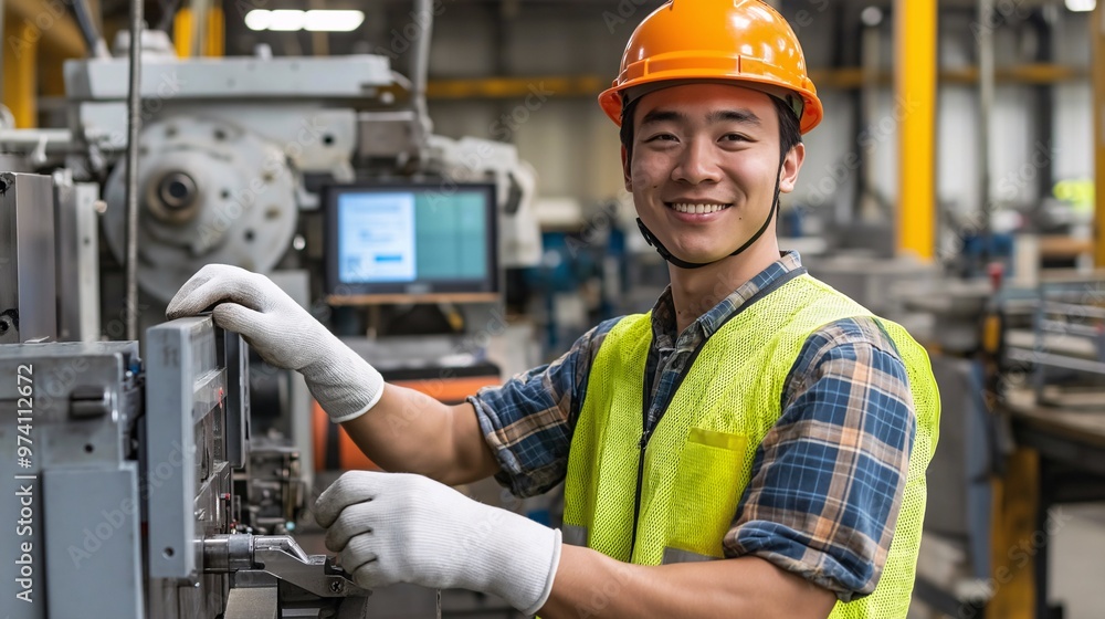 Skilled Machinist at Work: A young Asian engineer confidently operates machinery in a modern factory, showcasing precision and expertise in the manufacturing industry. 