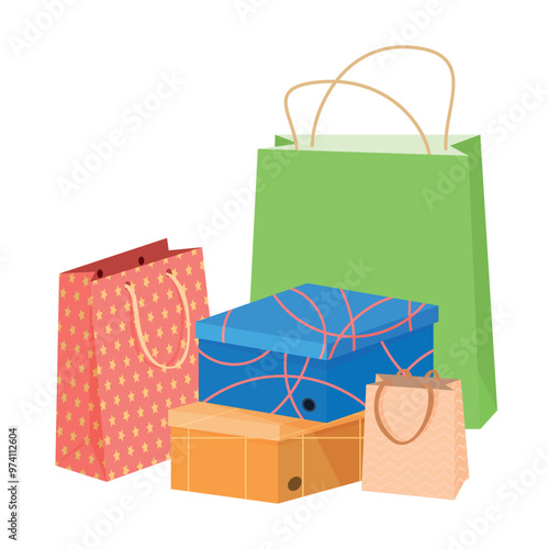Colorful bags and boxes arranged together against a clean white background for shopping, gifting, and organization purposes