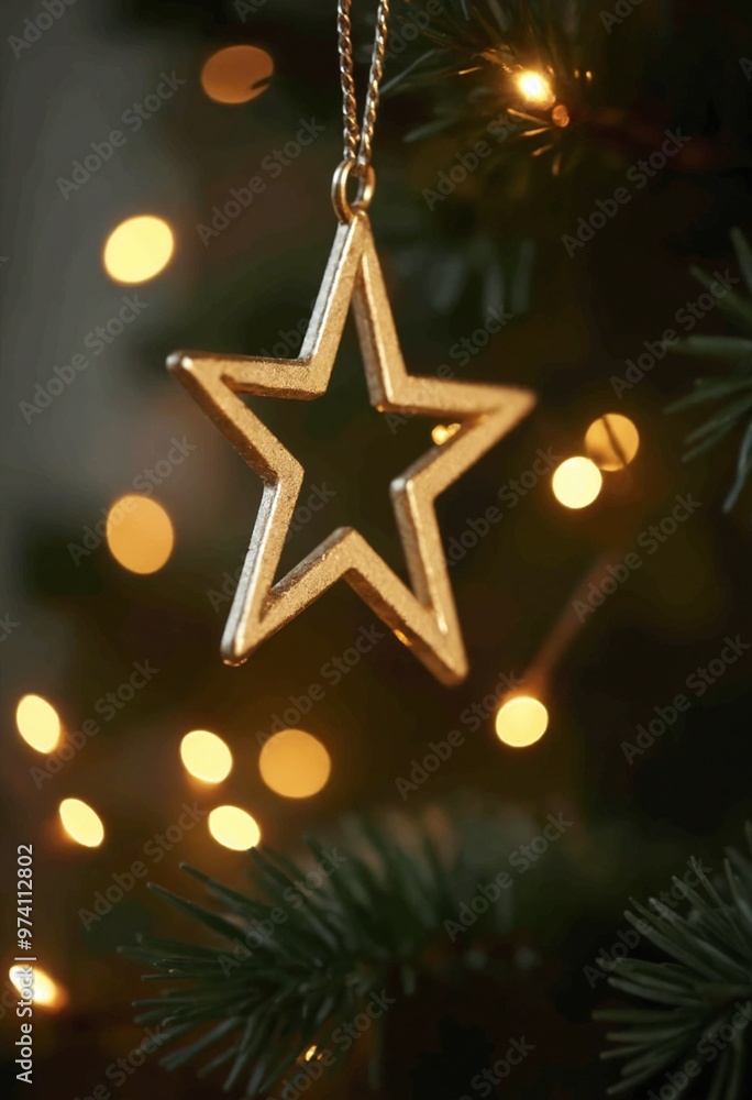 Golden star ornament hanging on a Christmas tree branch with blurred lights in the background during the holiday season, copy space for text Golden star ornament hanging on a Christmas tree branch with blurred lights in the background during the holiday season, copy space for text