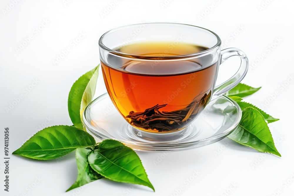 cup of tea with leaves on a white background cup of tea with leaves on a white background