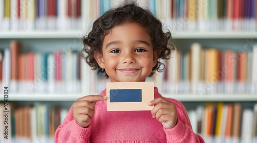 A child proudly holding up their first library card in front of a bookshelf, child, library card, bookshelf