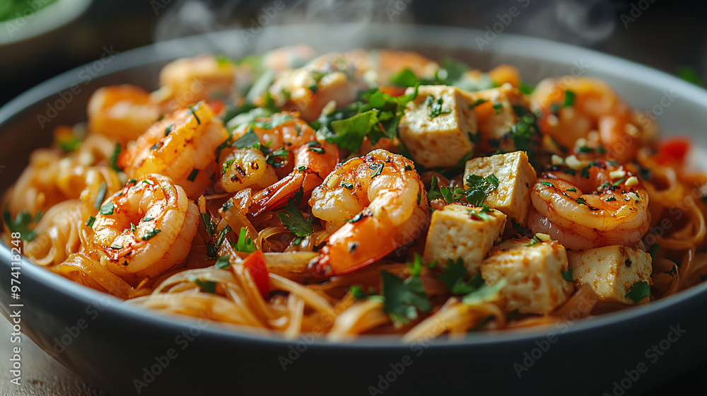 Close-Up of Steaming Hot Pad Thai with Shrimp and Tofu Close-Up of Steaming Hot Pad Thai with Shrimp and Tofu