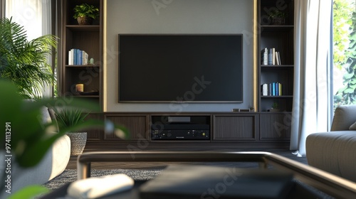 3d rendering mock up living room interior desing and decoration with builtin tv counter and shelves