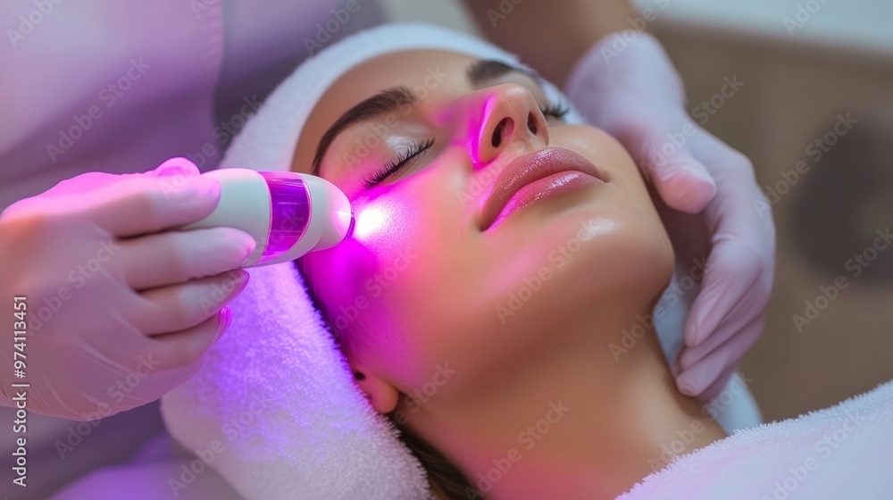 Naklejka premium A woman receiving a facial treatment with a purple light device in a spa setting.