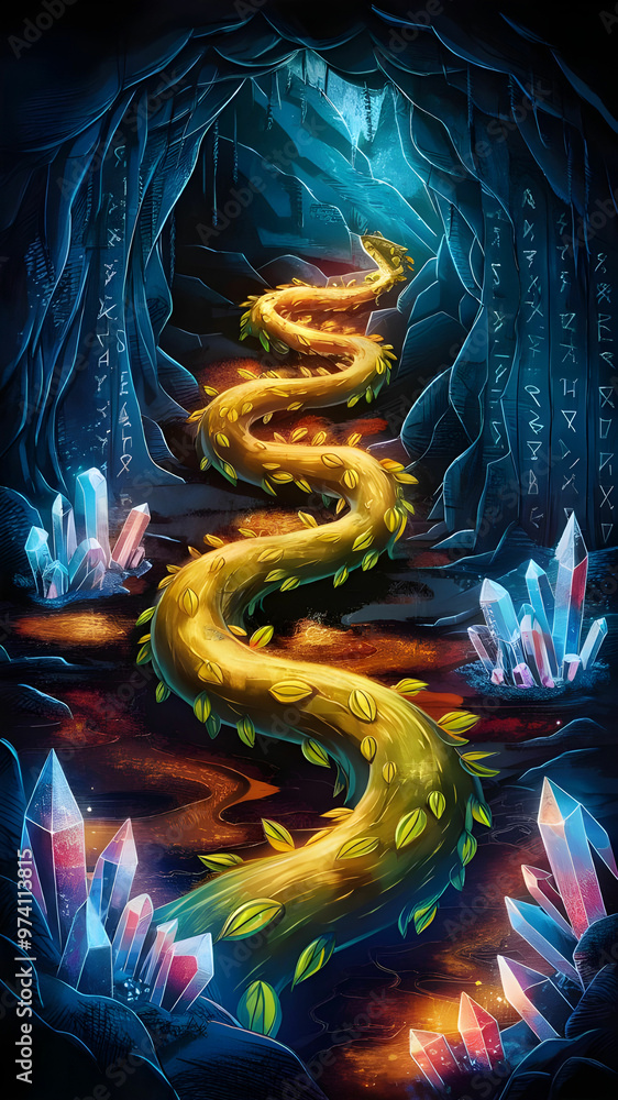 A winding, glowing vine leads to a mystical cave filled with shimmering crystals and ancient runes. A winding, glowing vine leads to a mystical cave filled with shimmering crystals and ancient runes.