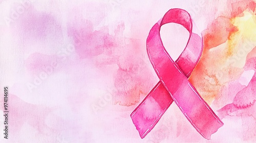 A vibrant pink ribbon on a soft pink watercolor background, symbolizing breast cancer awareness and hope.