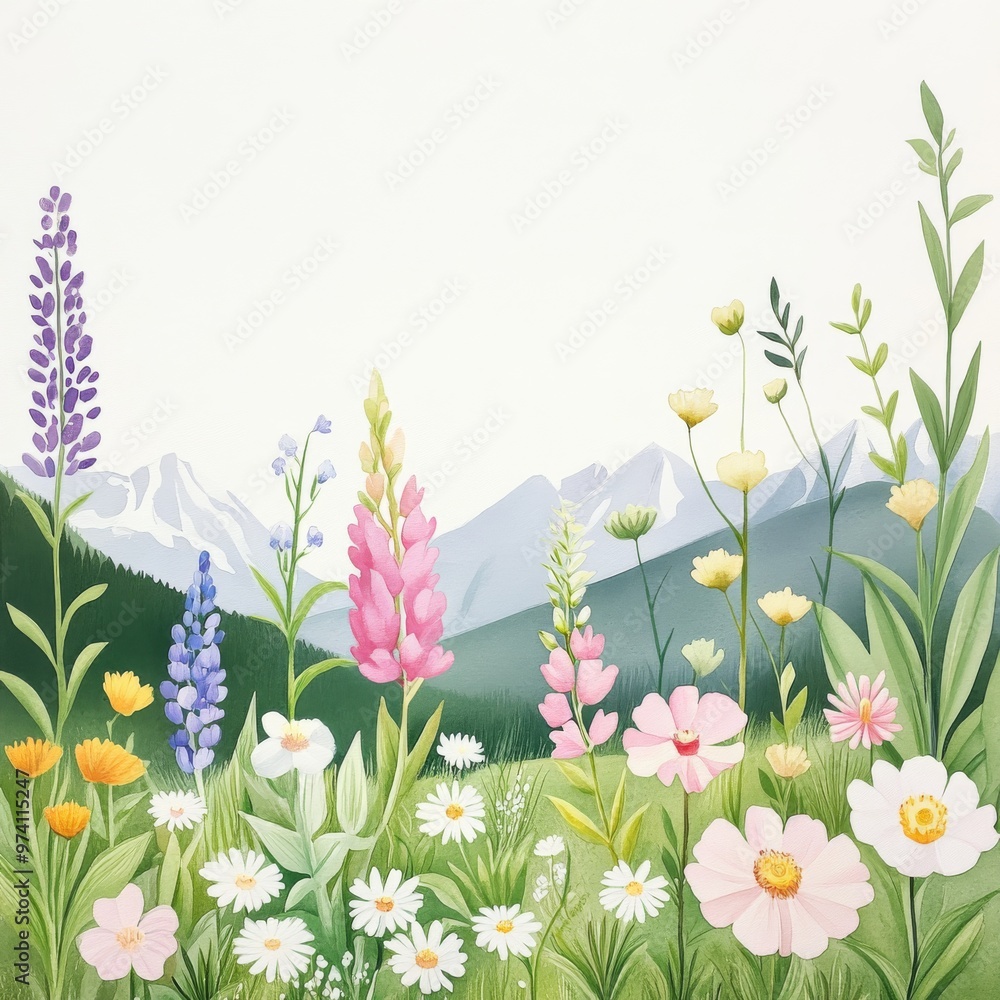 Vibrant wildflowers in a serene landscape, showcasing a variety of colors with mountains in the background, perfect for nature lovers. Vibrant wildflowers in a serene landscape, showcasing a variety of colors with mountains in the background, perfect for nature lovers.