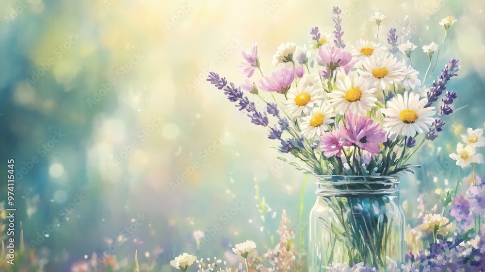 A watercolor of a jar filled with wildflowers in a sunlit garden evokes nostalgia and tranquility. A watercolor of a jar filled with wildflowers in a sunlit garden evokes nostalgia and tranquility.
