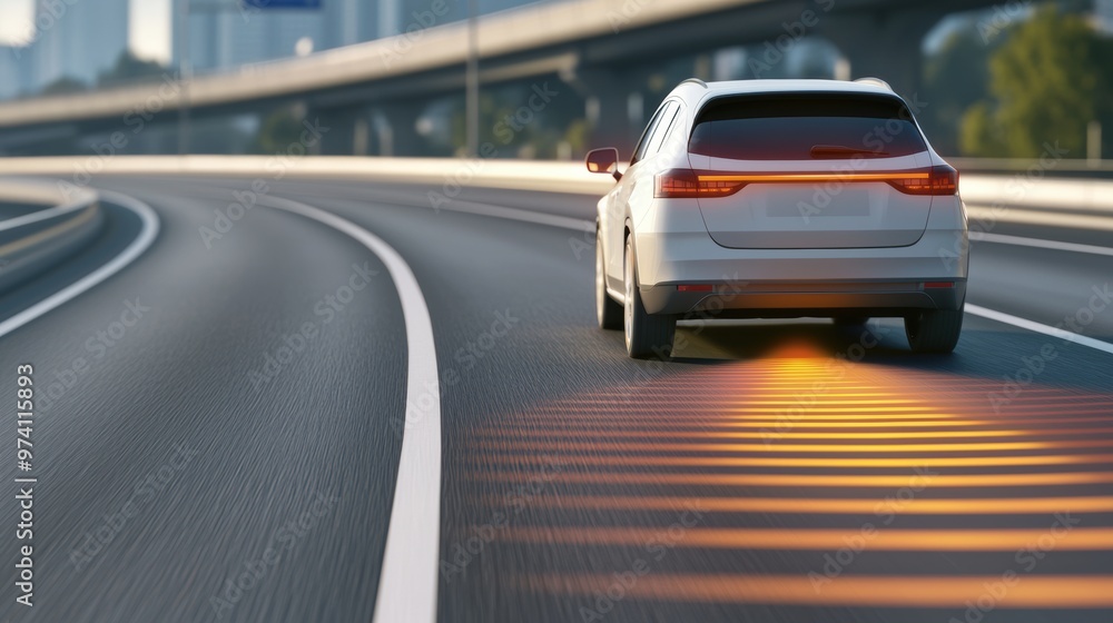 Car with lidar sensors driving on highway A white car equipped with lidar sensors driving on a highway, symbolizing autonomous vehicle technology, road safety, and modern transportation systems