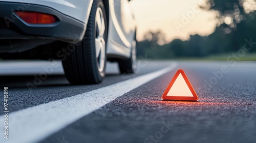 Emergency warning triangle next to car on roadside Close-up of an emergency warning triangle placed on the roadside next to a parked car, symbolizing vehicle breakdown, road safety, traffic caution