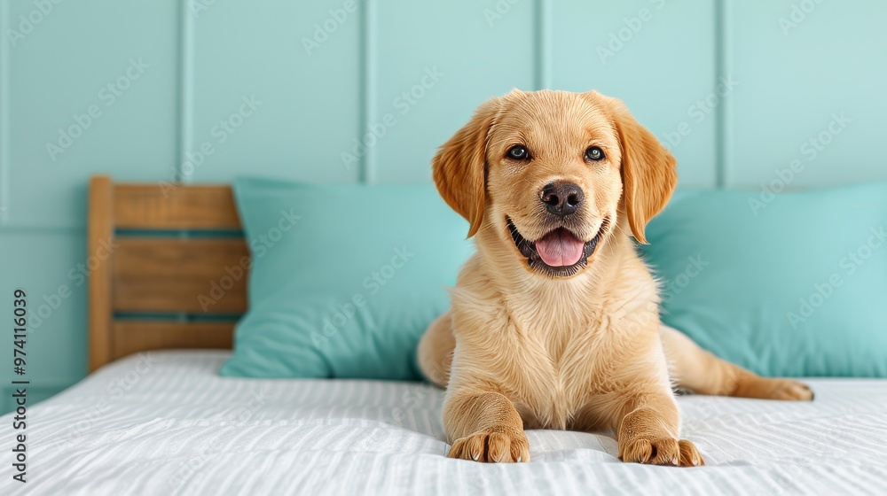 Adorable puppy lying on a bed in a modern bedroom, looking happy and relaxed. Perfect for home decor or pet lifestyle themes. Adorable puppy lying on a bed in a modern bedroom, looking happy and relaxed. Perfect for home decor or pet lifestyle themes.