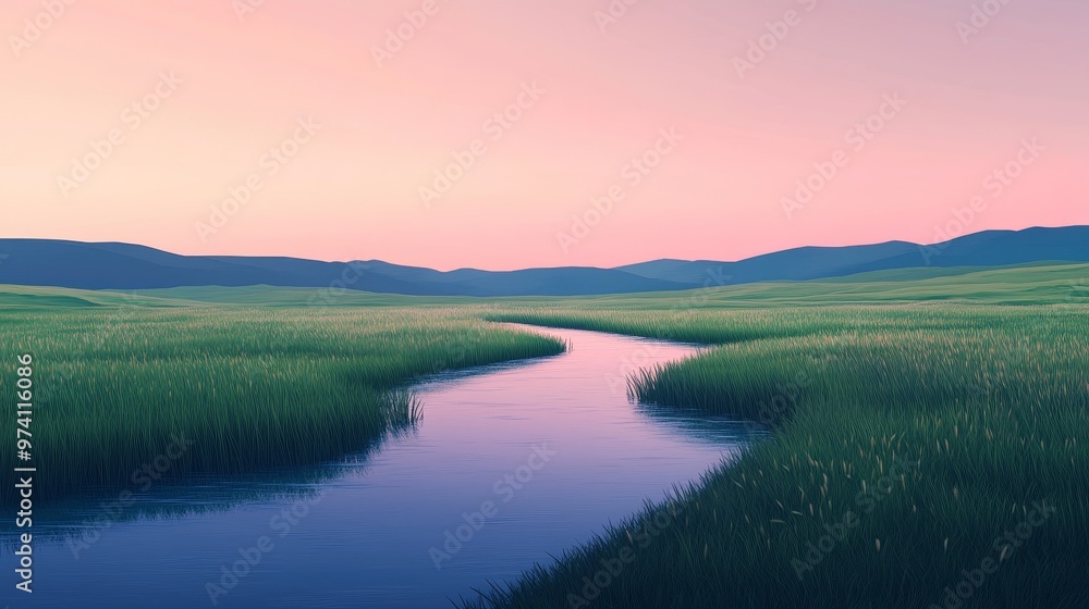 A serene landscape featuring a winding river amidst lush green fields under a pastel sky at dusk. A serene landscape featuring a winding river amidst lush green fields under a pastel sky at dusk.