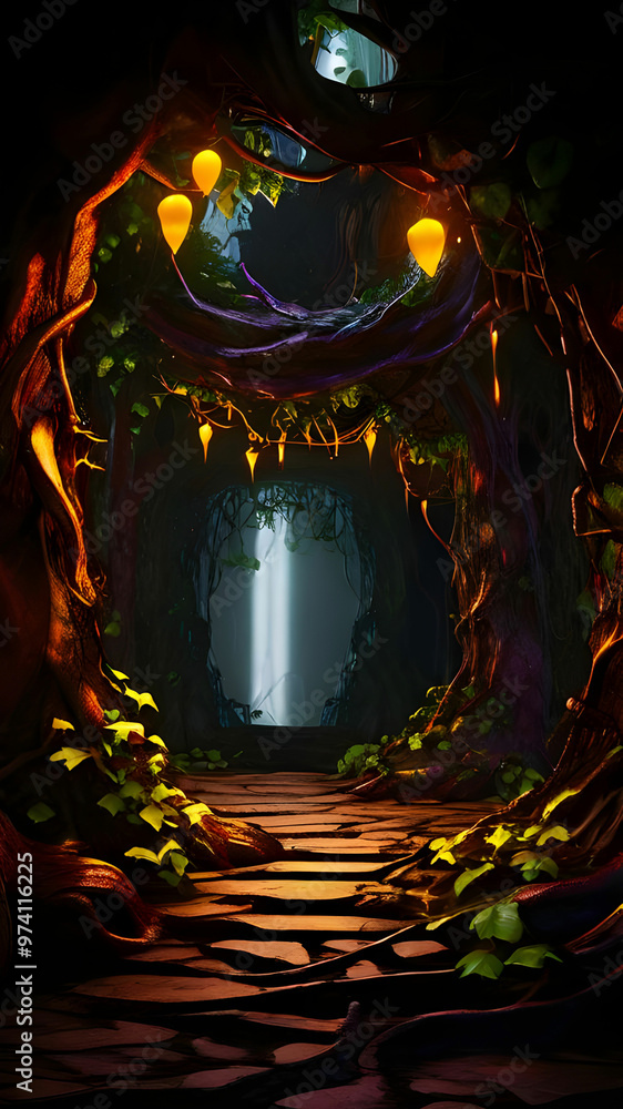 A winding, glowing vine leads to a mystical cave filled with shimmering crystals and ancient runes.