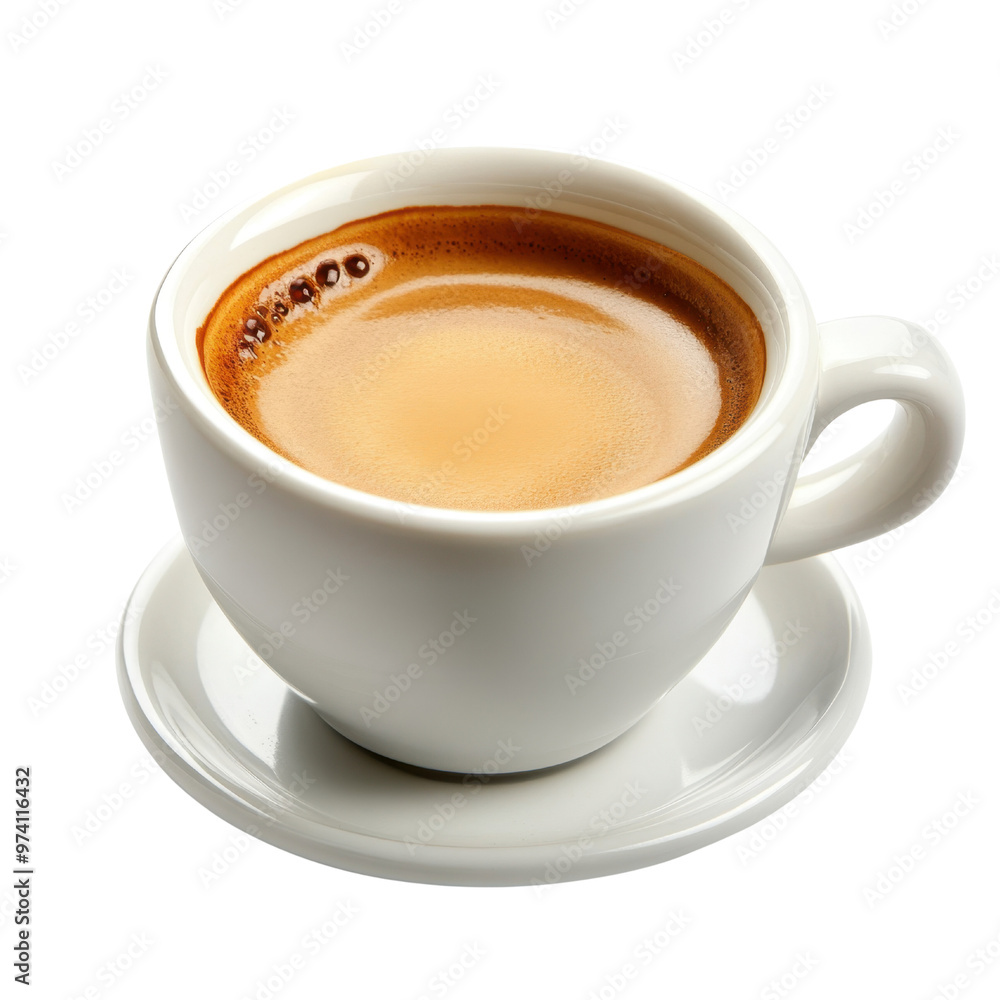 Obraz premium 38. A hot cup of espresso served in a small white cup, isolated on a white background, showcasing rich, dark coffee and a layer of crema on top