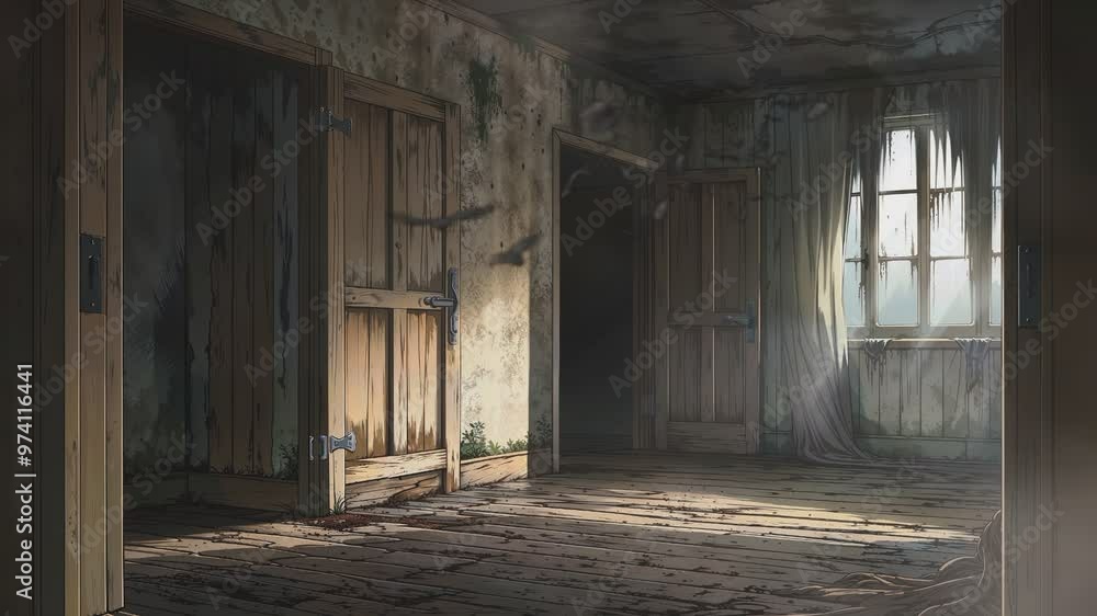 Scenery of abandoned old houses and flying bats. Anime cartoon watercolor painting style illustration. Infinitely looping virtual video animation background Scenery of abandoned old houses and flying bats. Anime cartoon watercolor painting style illustration. Infinitely looping virtual video animation background