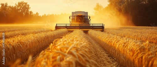 A stunning sunset over a golden wheat field, showcasing a combine harvester efficiently gathering the harvest.