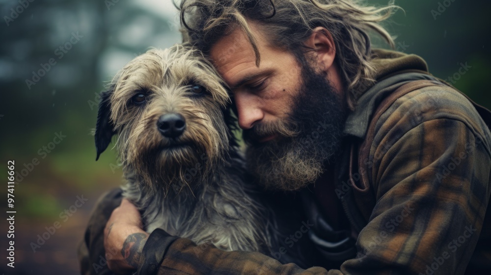 Homeless man hugs his dog outdoors. Neural network ai generated art Homeless man hugs his dog outdoors. Neural network ai generated art