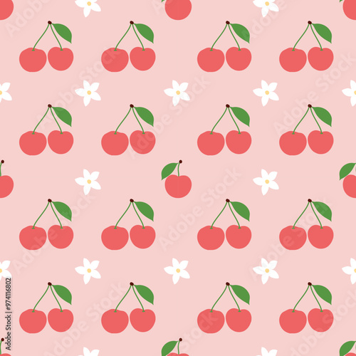 Red cherries seamless pattern background.  Seamless cherry vector pattern.