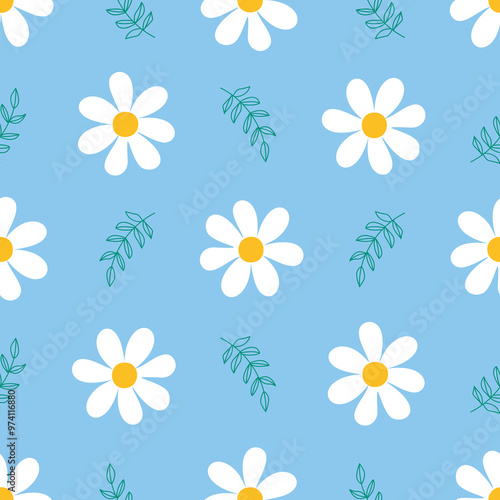 Seamless floral pattern with abstract flowers and leaves. Seamless flower pattern geometric style on blue background vector.