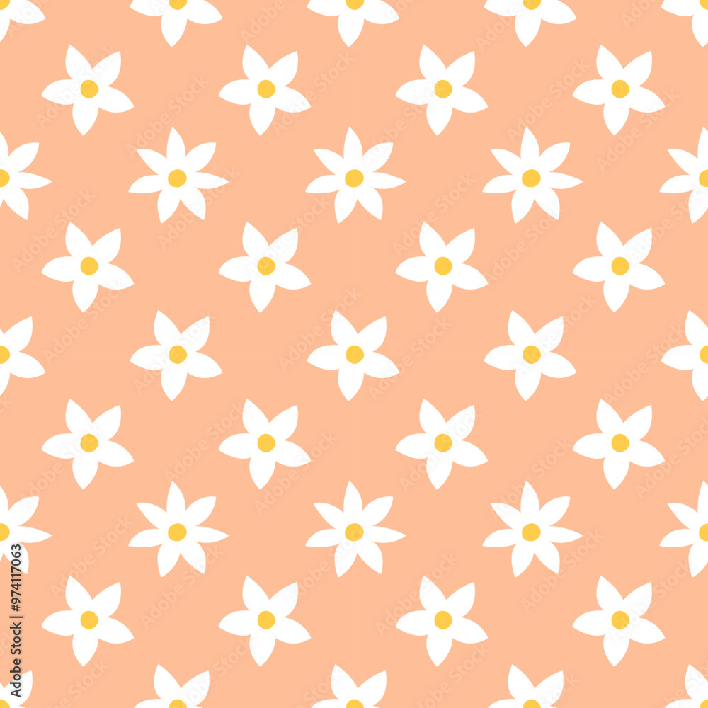 Floral seamless pattern with blooming flowers. Simple cute modern pattern seamless background. Vector floral background with peach fuzz and white colors. Floral seamless pattern with blooming flowers. Simple cute modern pattern seamless background. Vector floral background with peach fuzz and white colors.