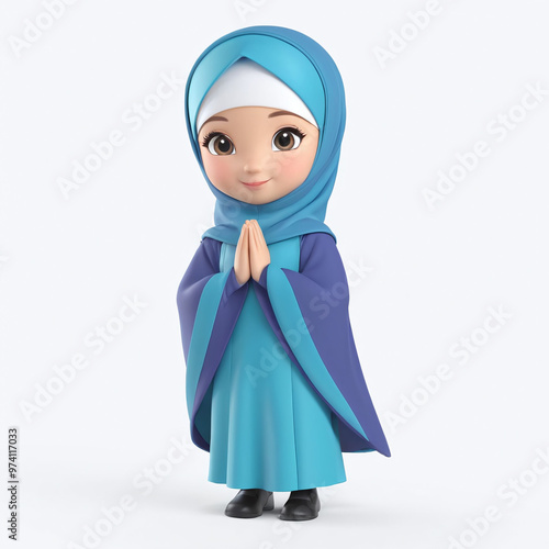 3D cute moslem girl character praying pose welcome pray, ramadhan forgiving salam hand sign, isolated in white background photo