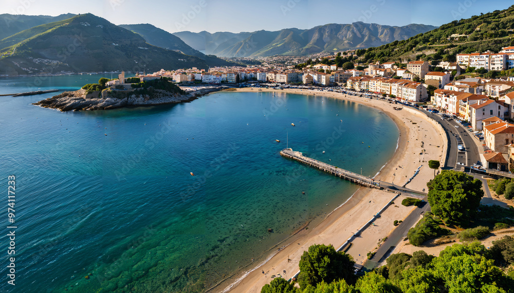 Naklejka premium Vue panoramique sur une plage pittoresque bordée de montagnes