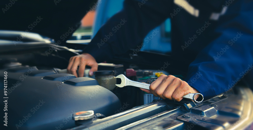 The mechanic works on the engine of the car in the garage, car repair service. The mechanic works on the engine of the car in the garage, car repair service.