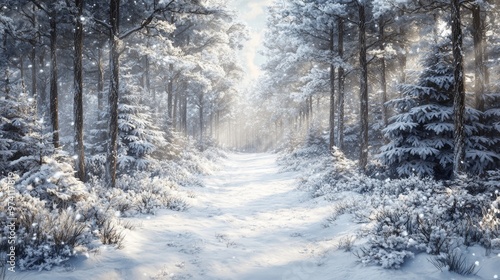 Snow-covered pine tree in serene winter mountain landscape