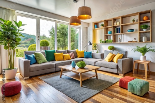 Cozy modern living room with modular furniture, colorful accents, and natural light, showcasing versatility and photo