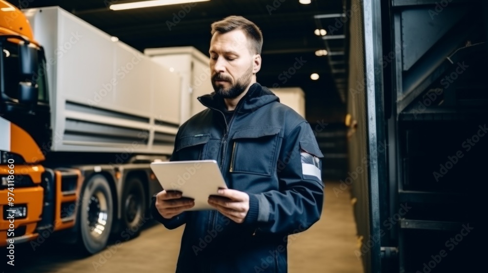 Serviceman with digital tablet on the background of the truck in the garage. Neural network ai generated art Serviceman with digital tablet on the background of the truck in the garage. Neural network ai generated art
