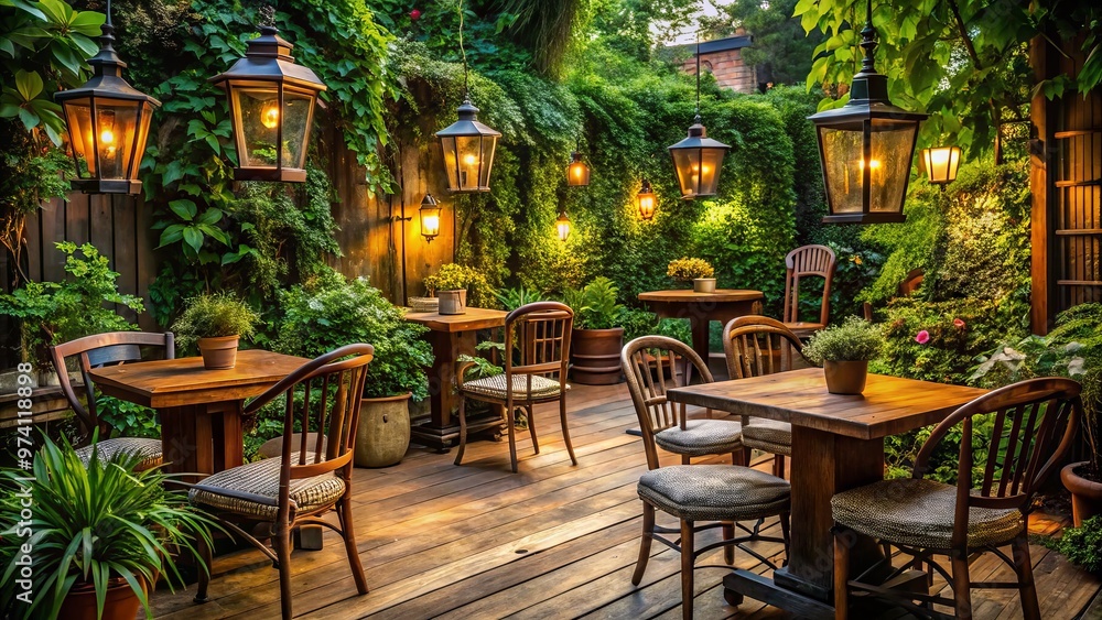 Obraz premium Cozy outdoor seating area surrounded by lush greenery and vintage lanterns, with wooden tables and rustic chairs,