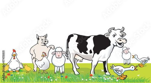 Lustige Bauernhof Tiere auf der Wiese, illustration.eps