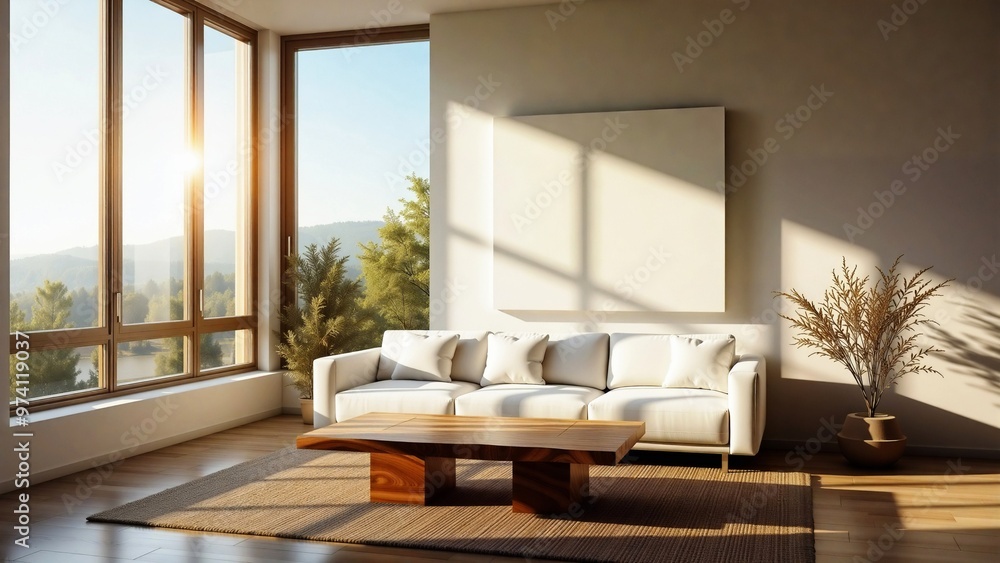 Fototapeta premium Serene Living Room with Mountain View, Modern living room interior featuring a white sofa and wooden coffee table. A large window offers a picturesque view of trees and mountains bathed in sunlight.