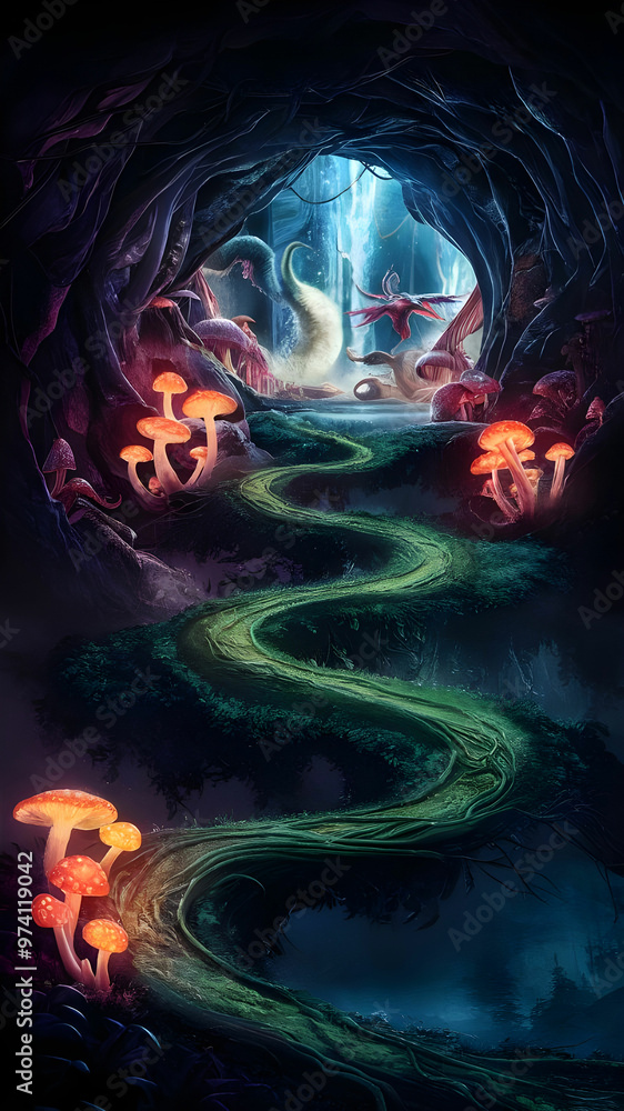 Twisting path of a magical vine into a cave filled with mushrooms, and mysterious creatures. Twisting path of a magical vine into a cave filled with mushrooms, and mysterious creatures.